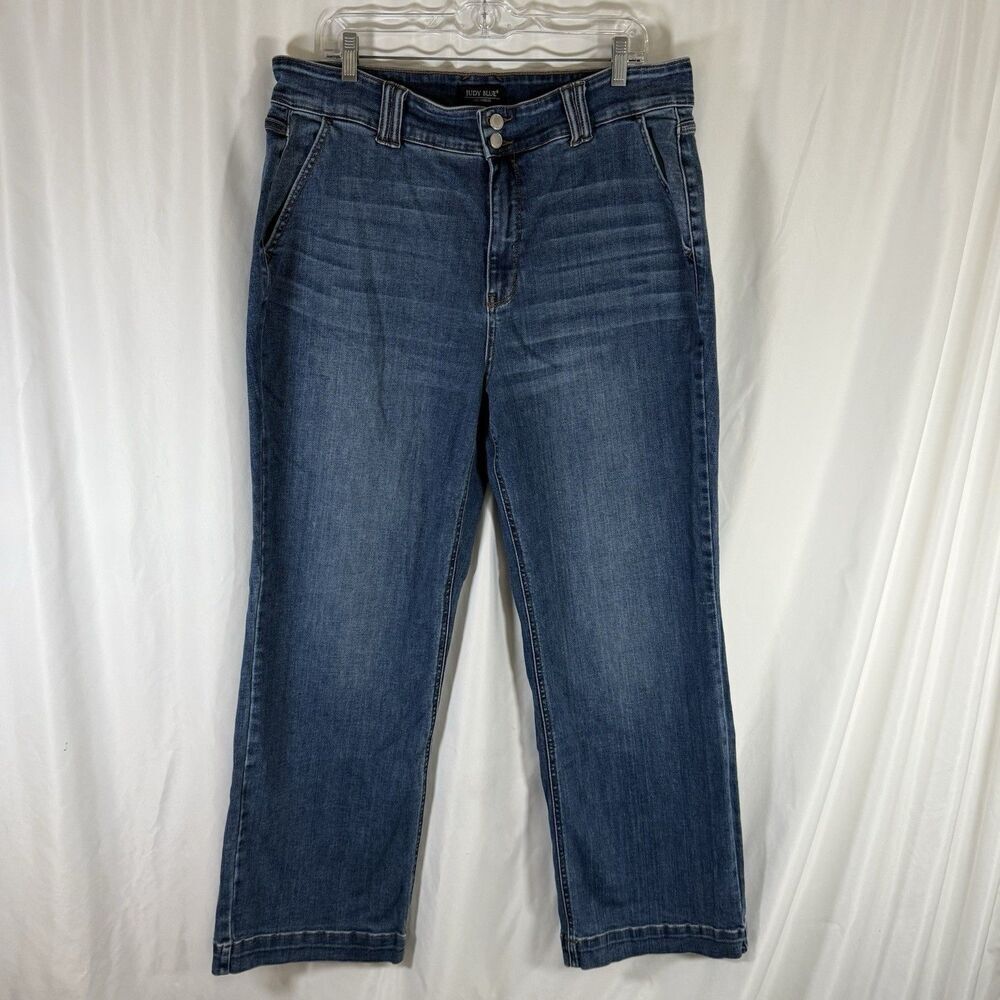 Judy Blue Wide Leg Jeans Women's 36 Medium Wash Blue Denim Button Zip